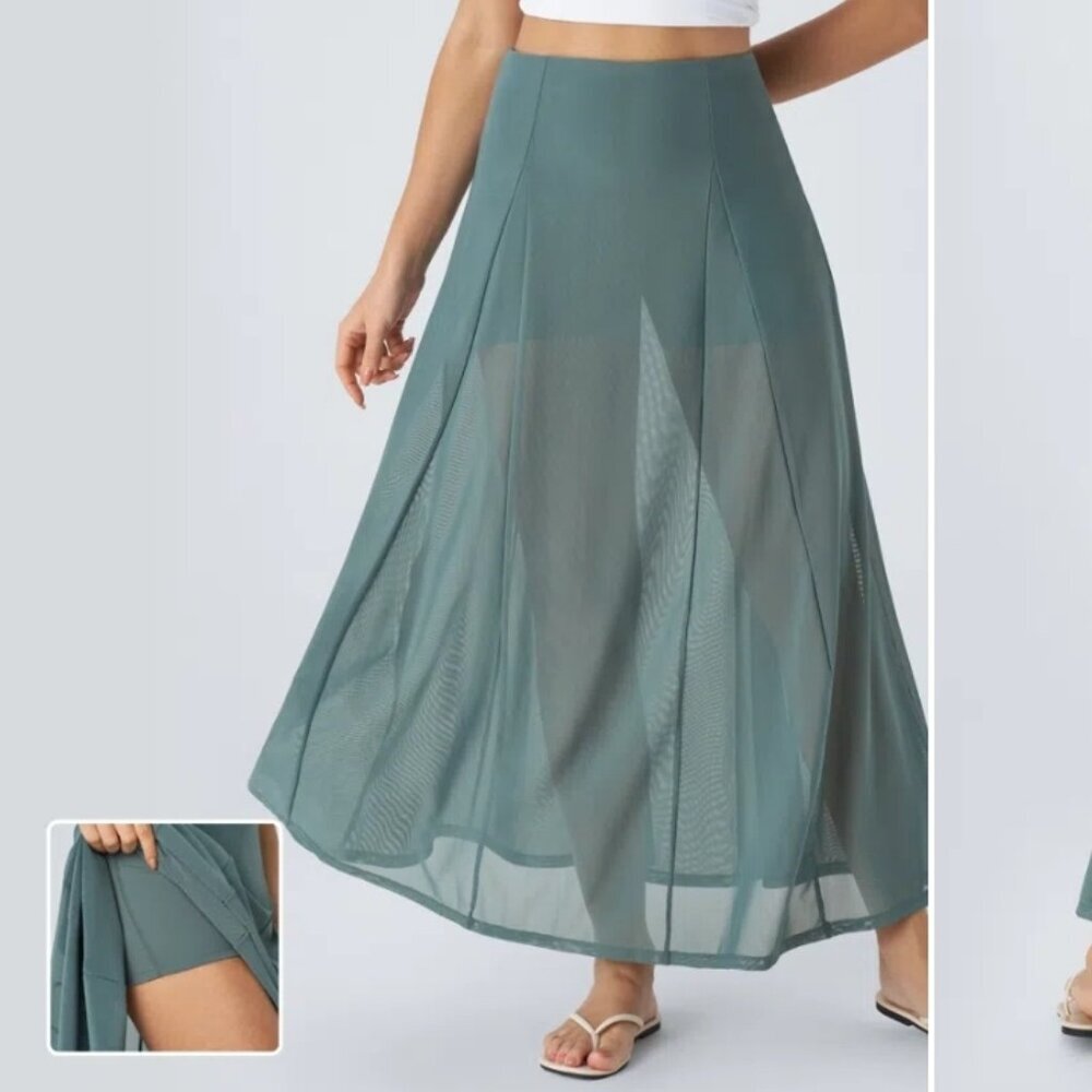 Halara High Waisted Sheer Mesh 2-in-1 Maxi Casual Flare Skirt Size XL